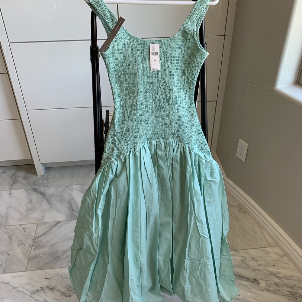 Hutch Sleeveless Smocked Drop-Waist MIDI Dress. Linen, rayon, polyester lining.
